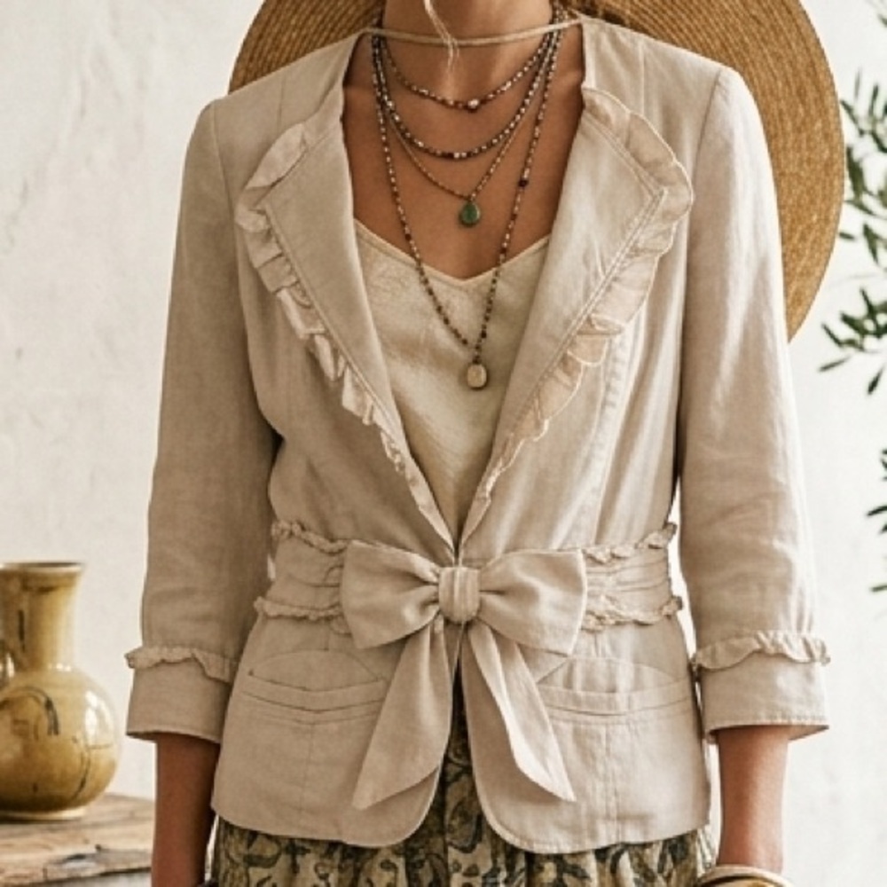 Anthropologie Idra “Present Yourself” Linen Bow Blazer Ruffle Trim Cream Size 4